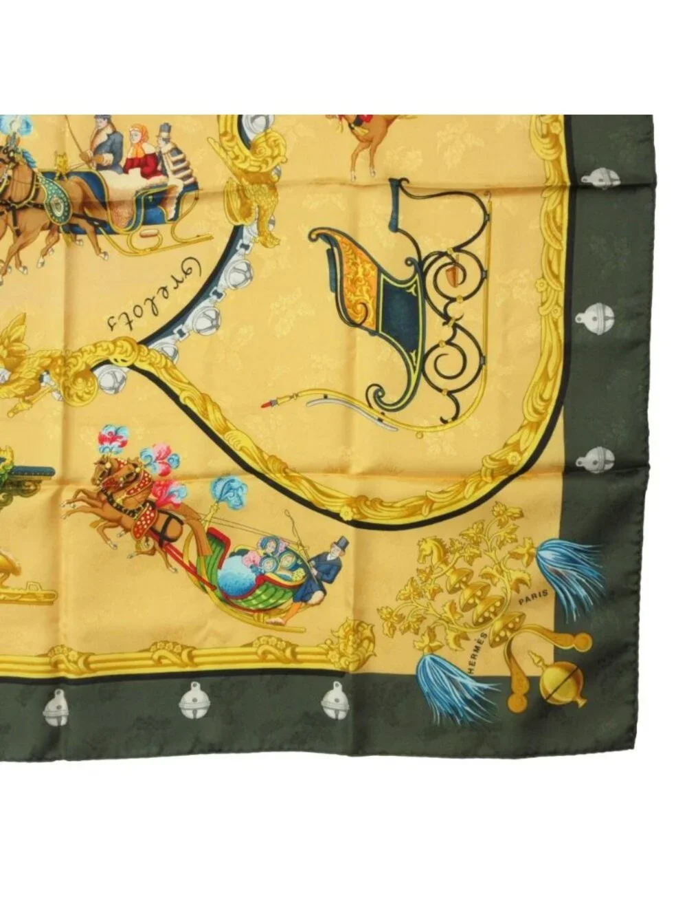 Hermes Scarf Carre 90 Plumes Et Grelots Silk Carriages Yellow